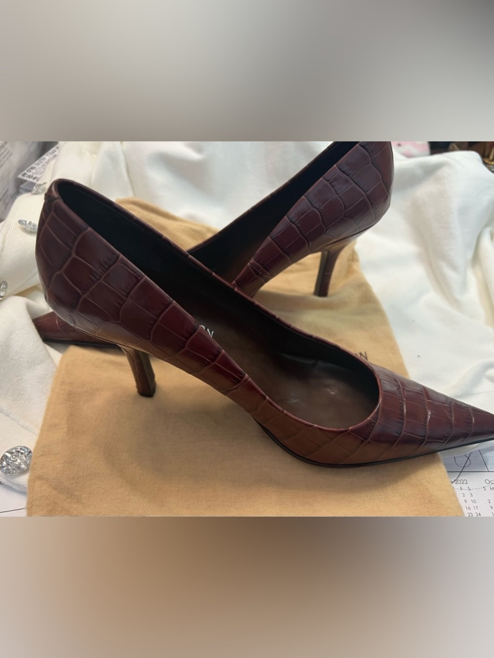 Michael Shannon Croc-Embossed Pointed Pumps in Deep Burgundy